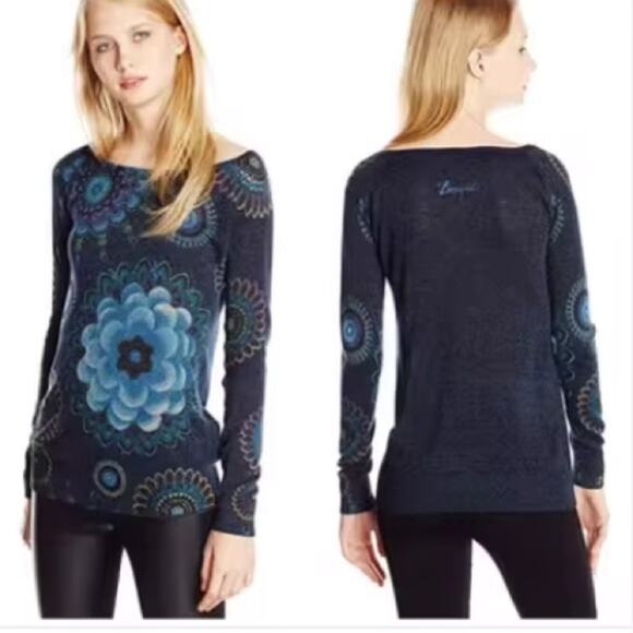 Desigual NWT Women's Lucke Knit Pullover Top Blue Floral Sparkle Size Small - Picture 1 of 10